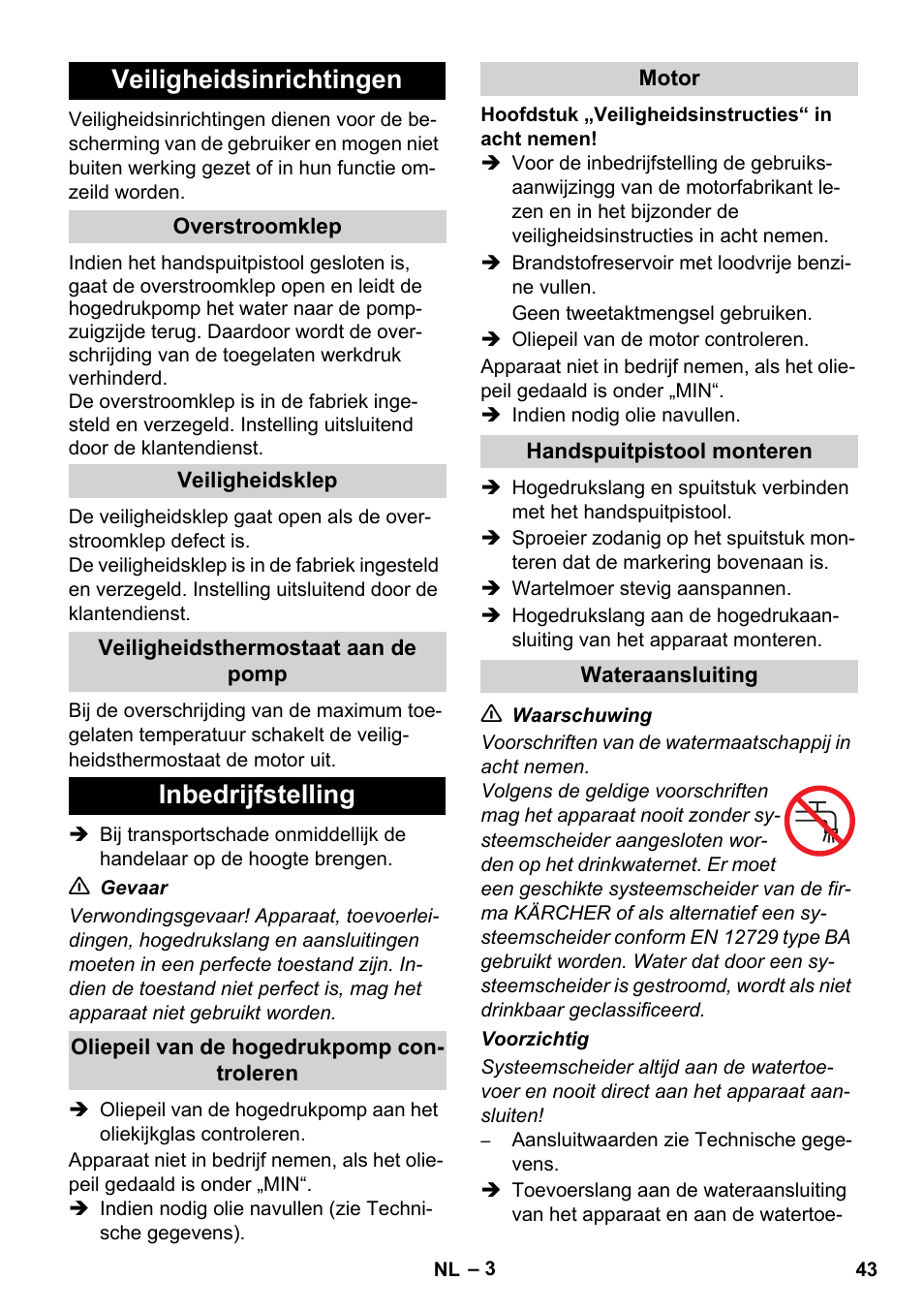 Veiligheidsinrichtingen, Inbedrijfstelling | Karcher HD 1040 B User Manual | Page 43 / 248