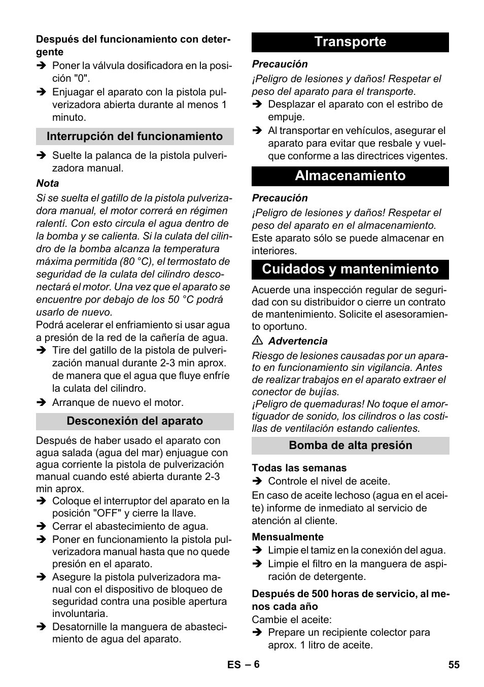 Transporte almacenamiento cuidados y mantenimiento | Karcher HD 1040 B User Manual | Page 55 / 248