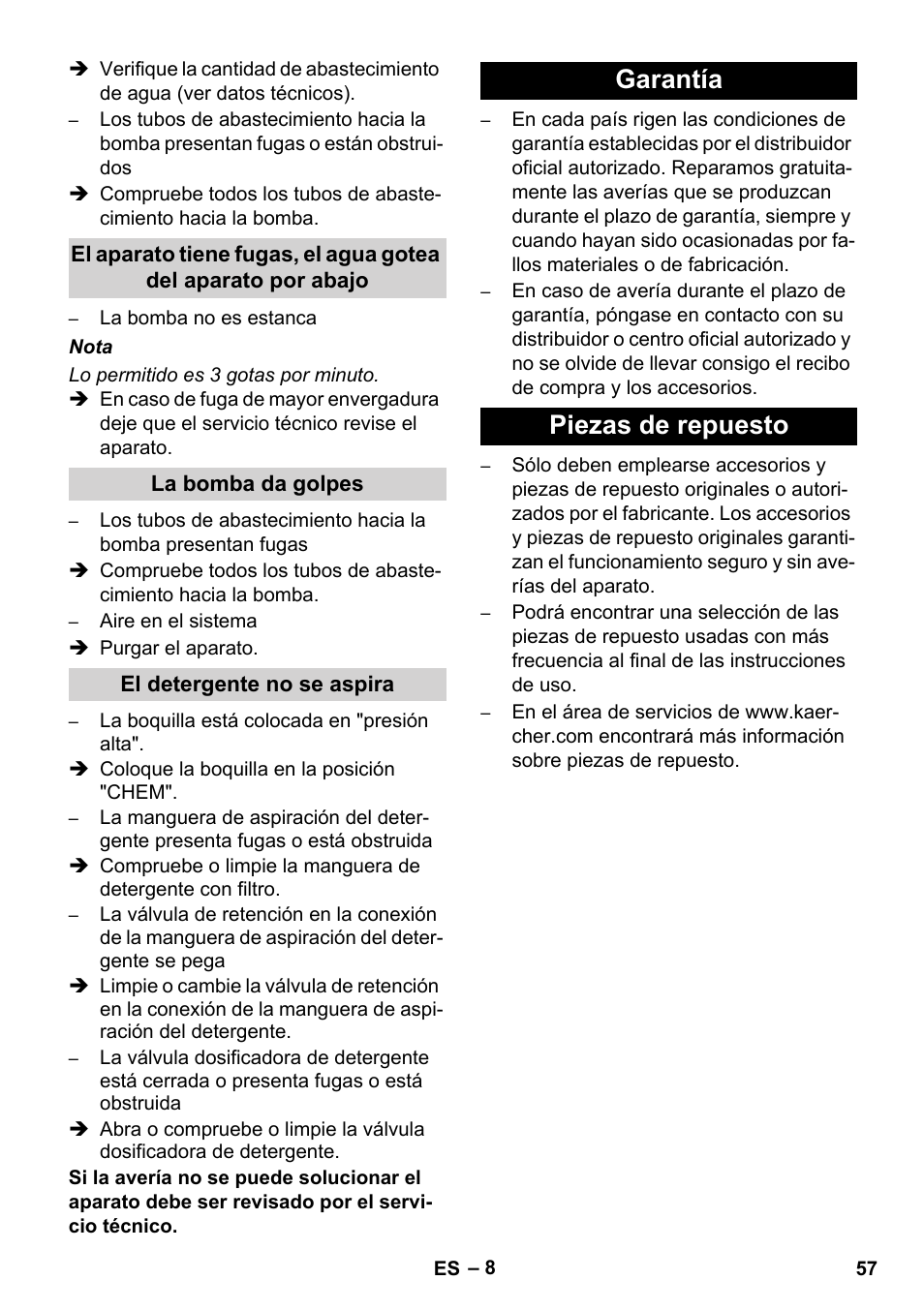 Garantía piezas de repuesto | Karcher HD 1040 B User Manual | Page 57 / 248