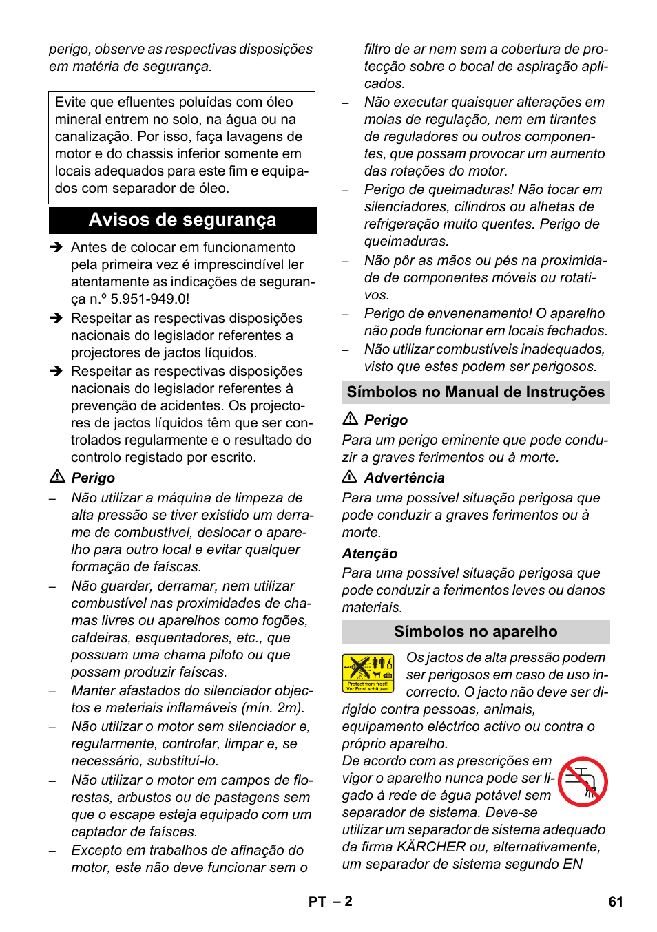 Avisos de segurança | Karcher HD 1040 B User Manual | Page 61 / 248