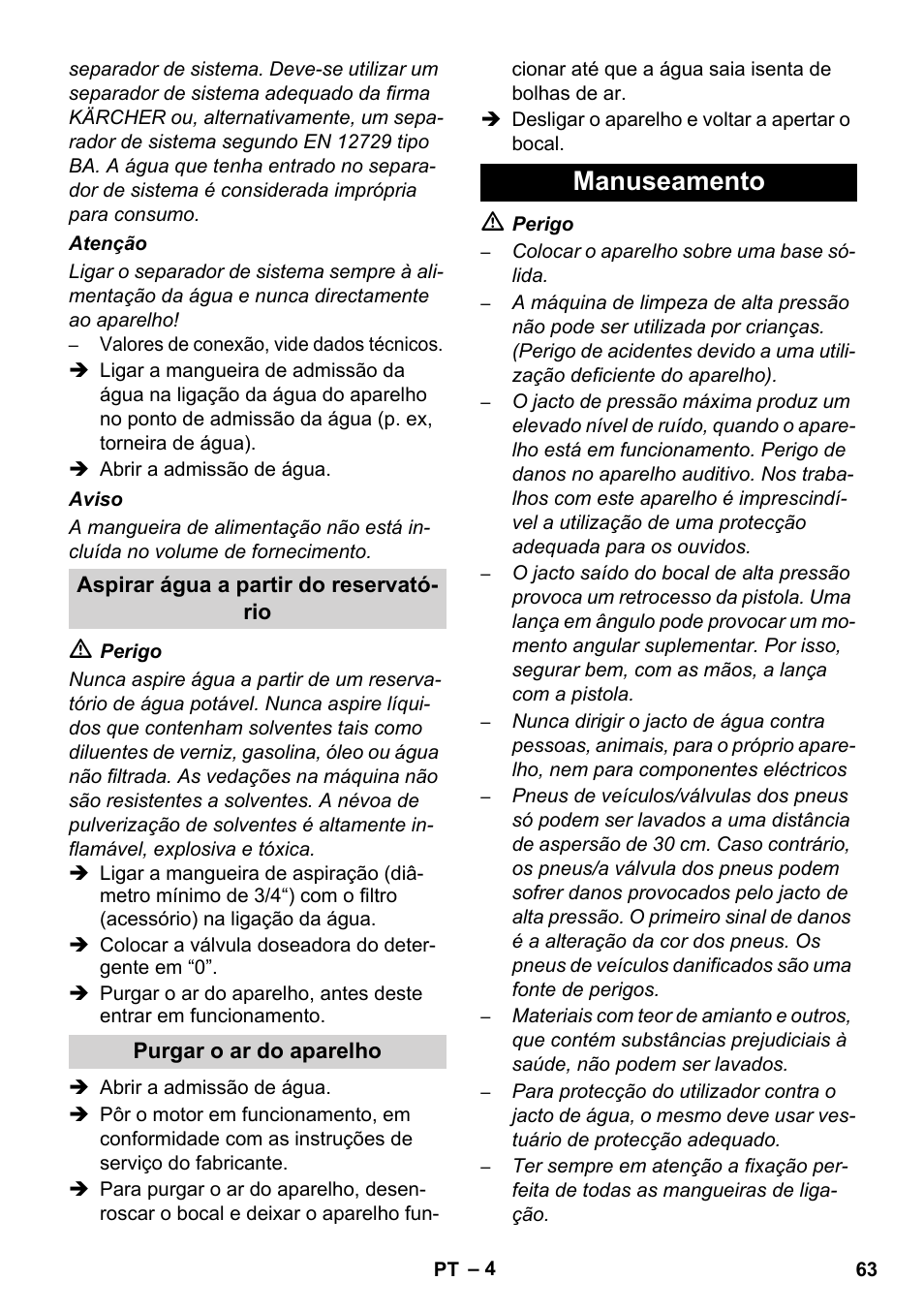 Manuseamento | Karcher HD 1040 B User Manual | Page 63 / 248