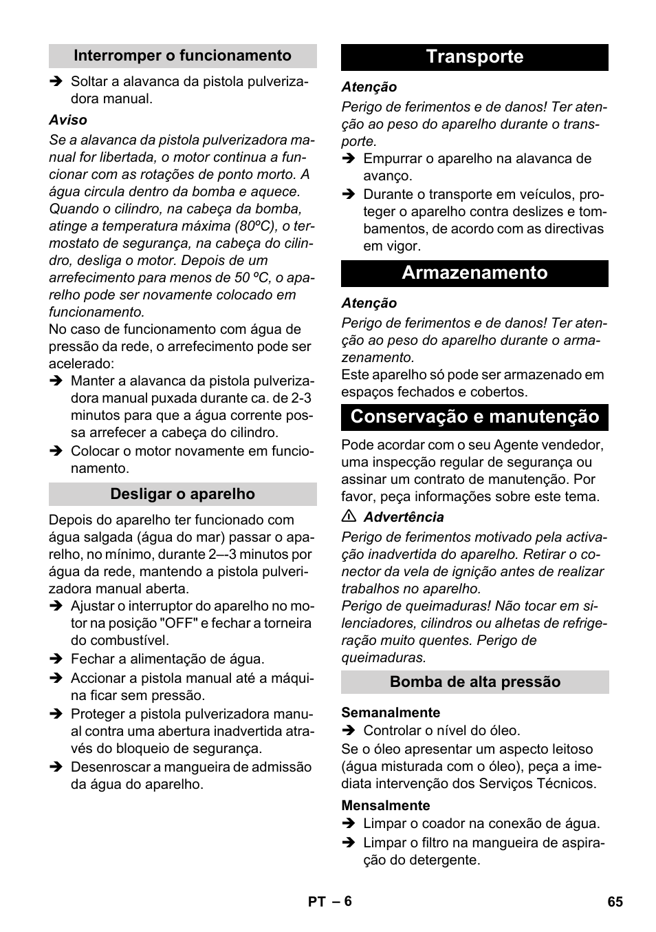 Transporte armazenamento conservação e manutenção | Karcher HD 1040 B User Manual | Page 65 / 248