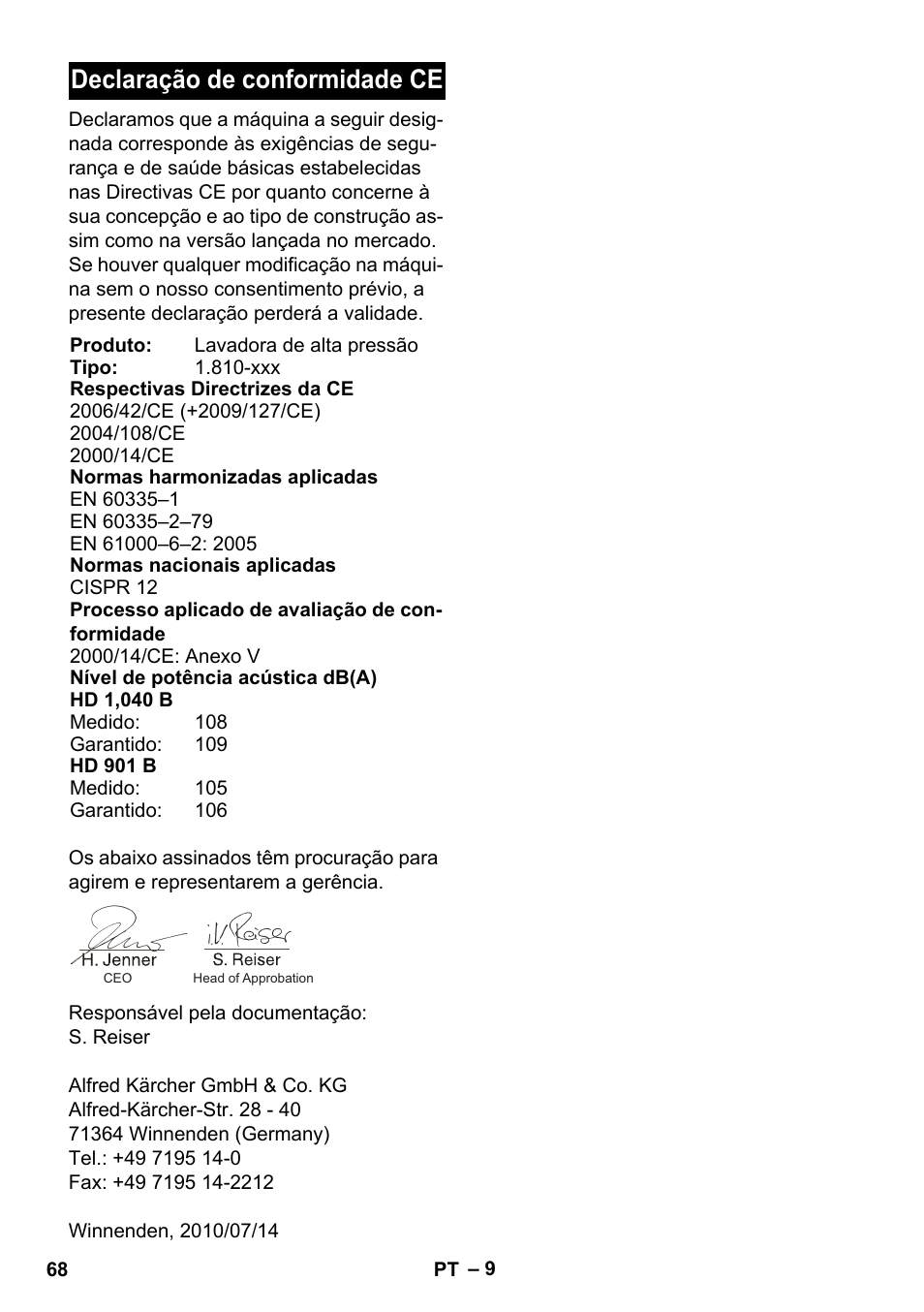 Declaração de conformidade ce | Karcher HD 1040 B User Manual | Page 68 / 248