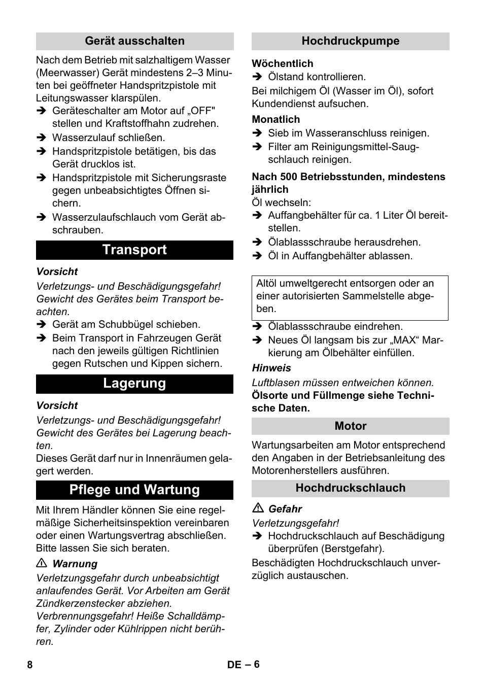 Transport lagerung pflege und wartung | Karcher HD 1040 B User Manual | Page 8 / 248