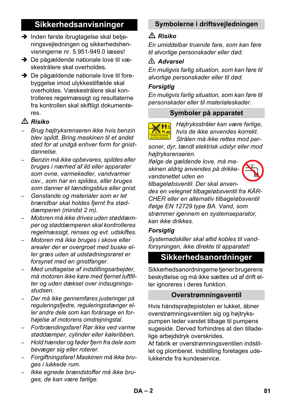 Sikkerhedsanvisninger, Sikkerhedsanordninger | Karcher HD 1040 B User Manual | Page 81 / 248