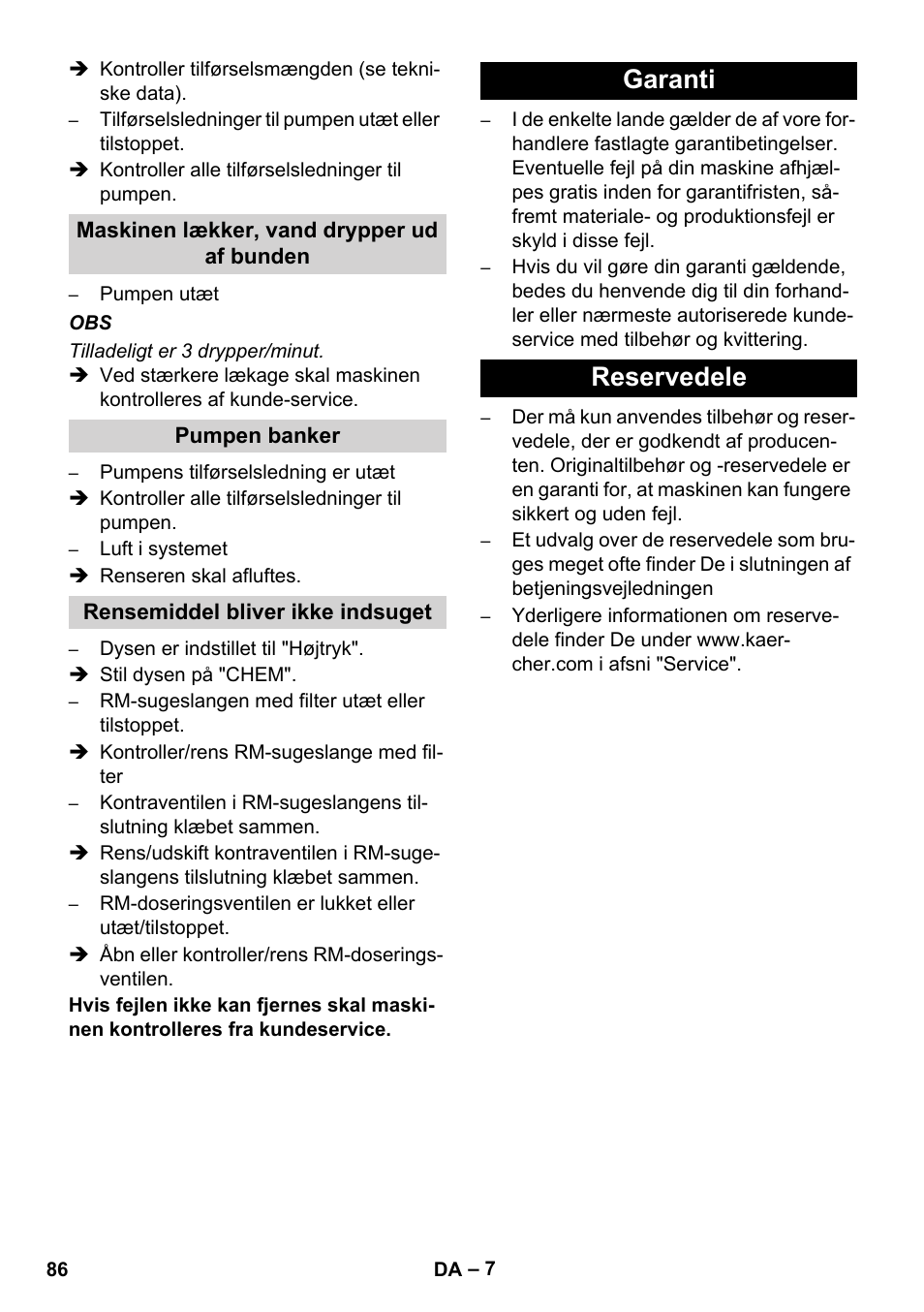 Garanti reservedele | Karcher HD 1040 B User Manual | Page 86 / 248