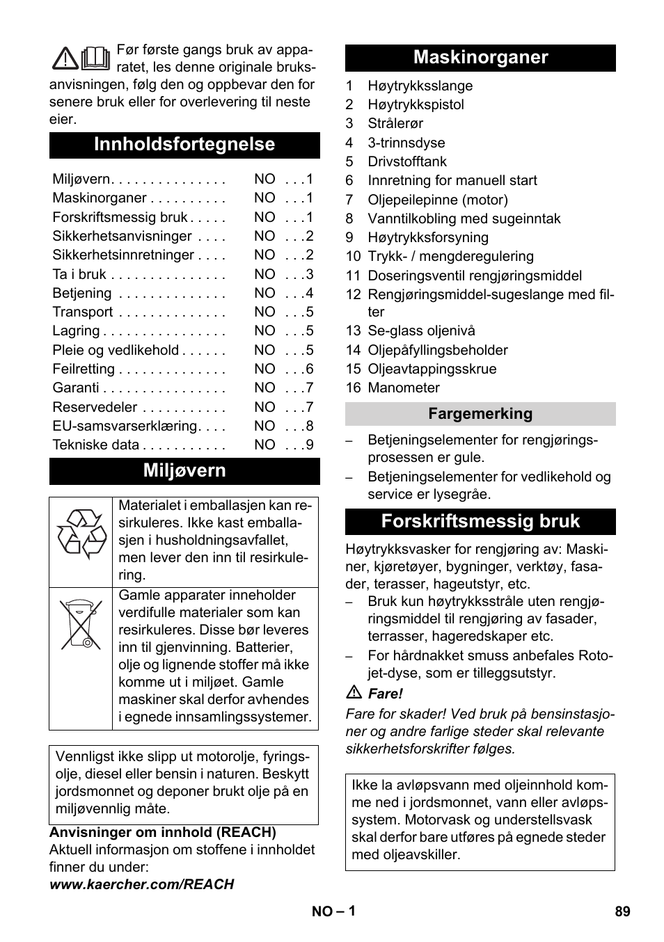 Norsk, Innholdsfortegnelse, Miljøvern | Maskinorganer, Forskriftsmessig bruk | Karcher HD 1040 B User Manual | Page 89 / 248