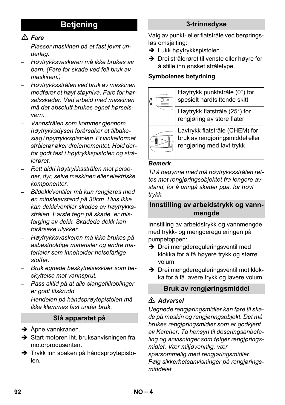 Betjening | Karcher HD 1040 B User Manual | Page 92 / 248