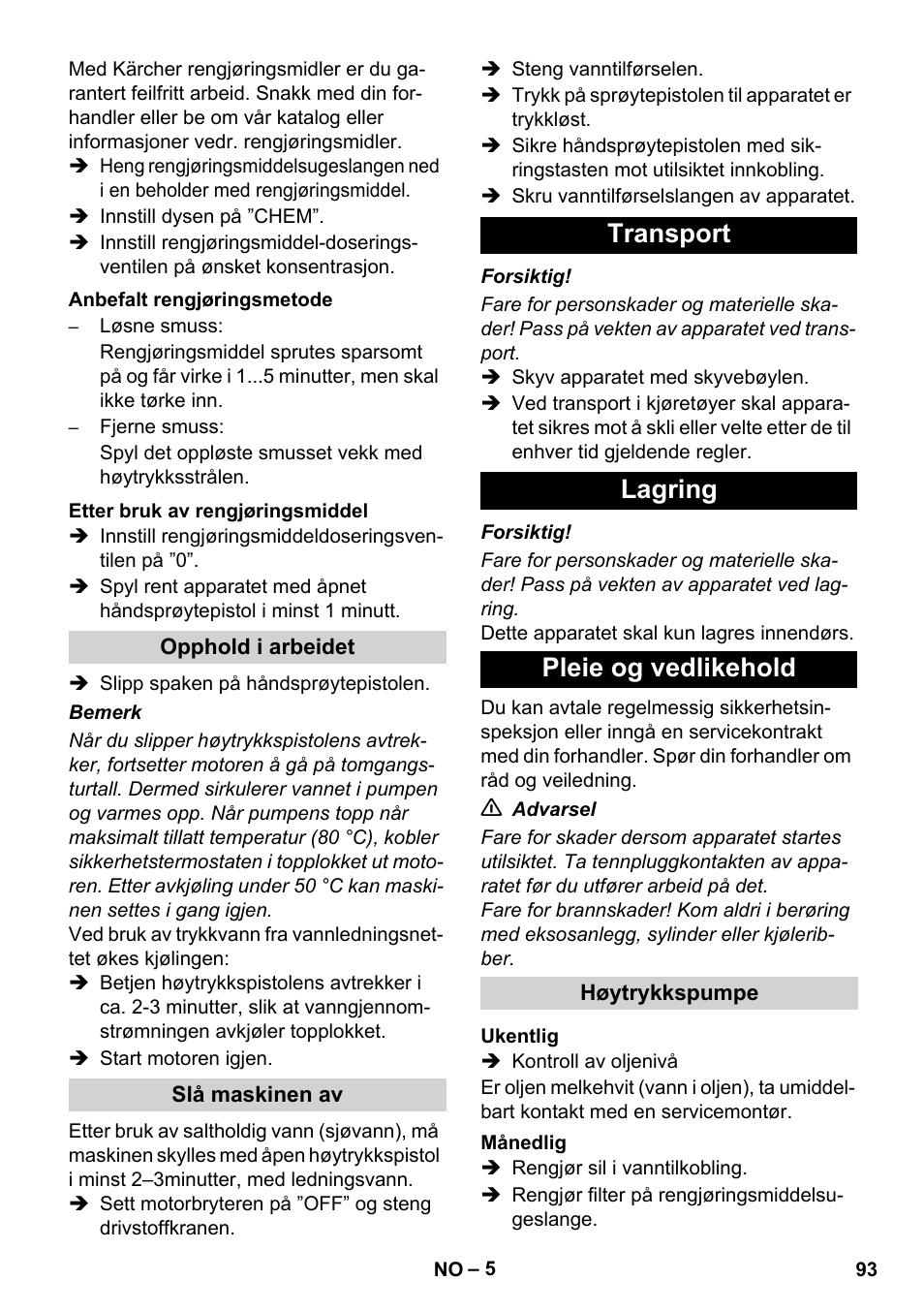 Transport lagring pleie og vedlikehold | Karcher HD 1040 B User Manual | Page 93 / 248