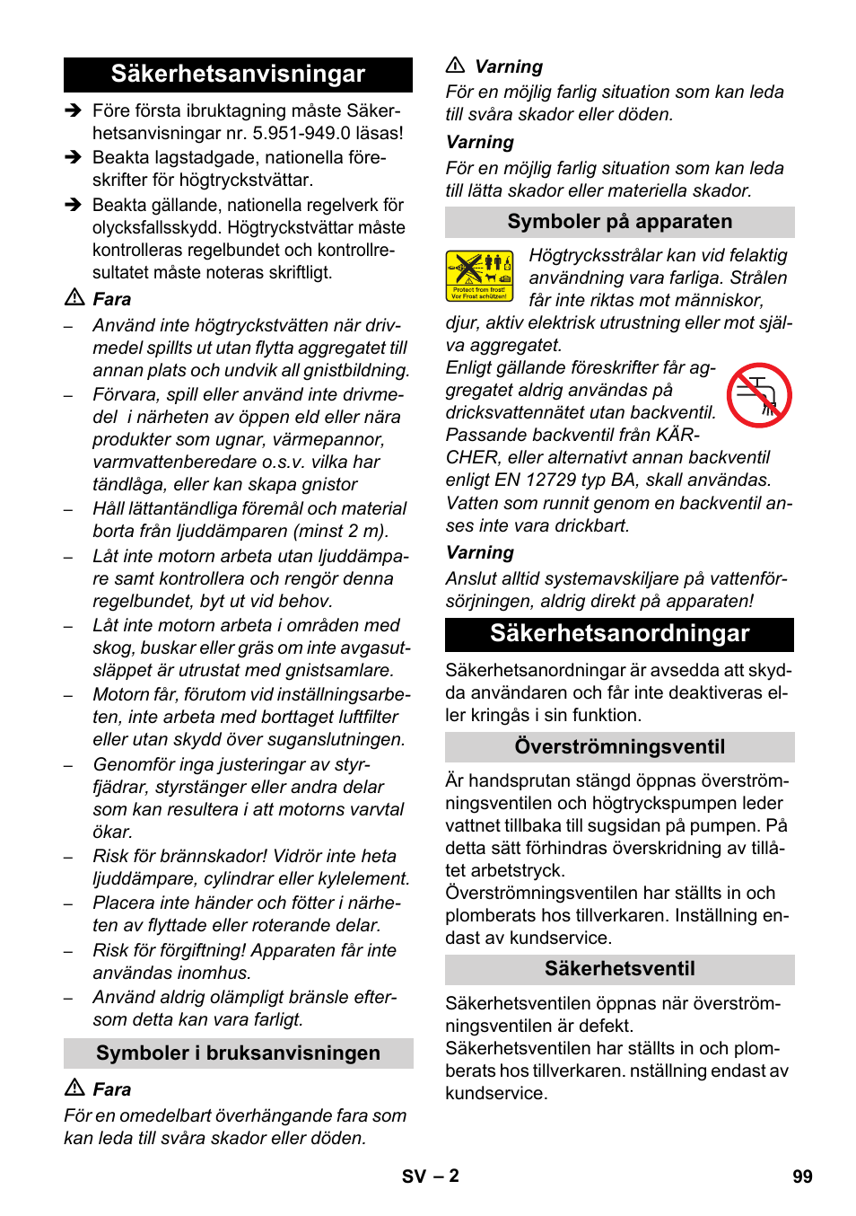 Säkerhetsanvisningar, Säkerhetsanordningar | Karcher HD 1040 B User Manual | Page 99 / 248