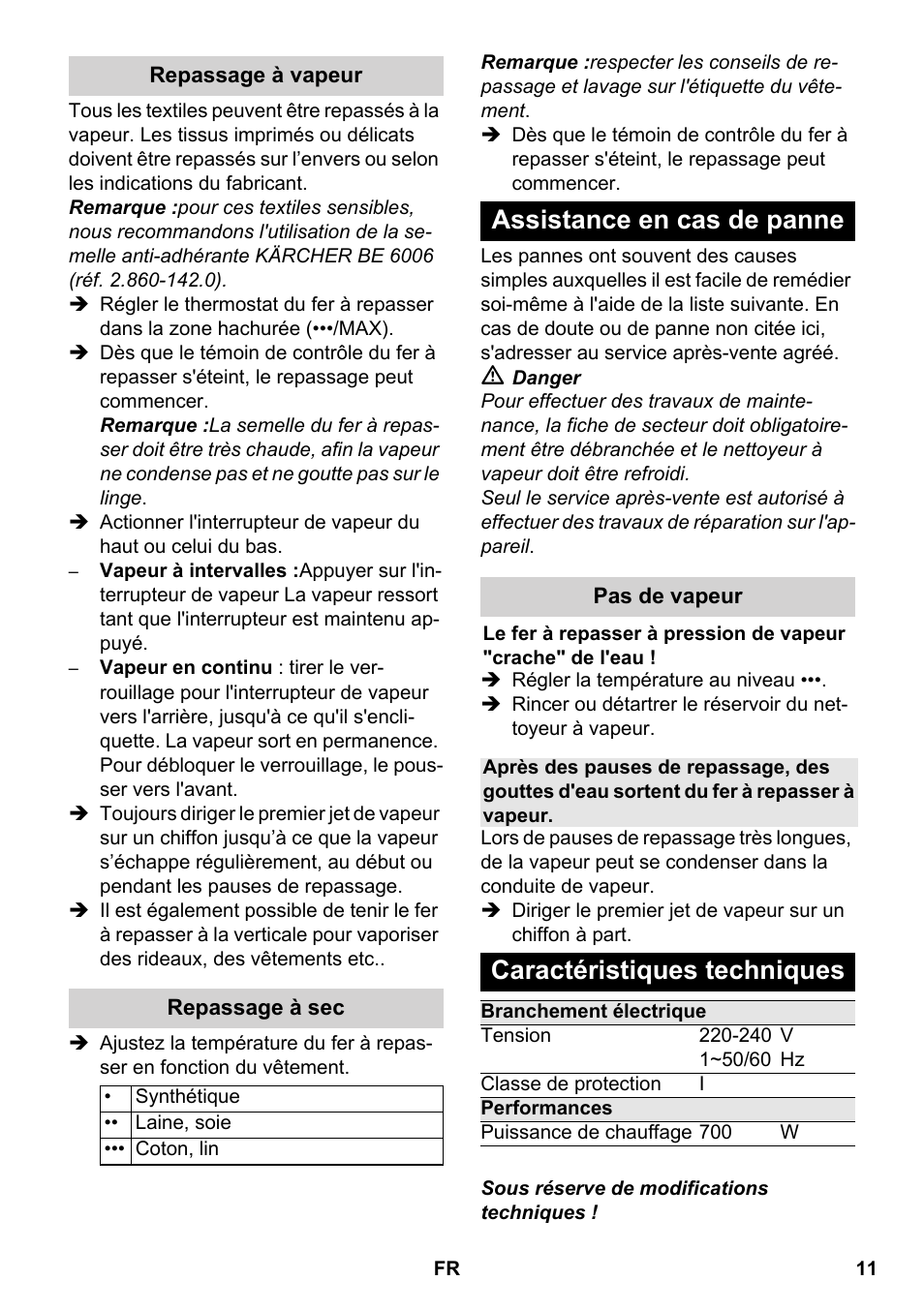 Assistance en cas de panne, Caractéristiques techniques | Karcher SC 5-800 C EU User Manual | Page 11 / 88