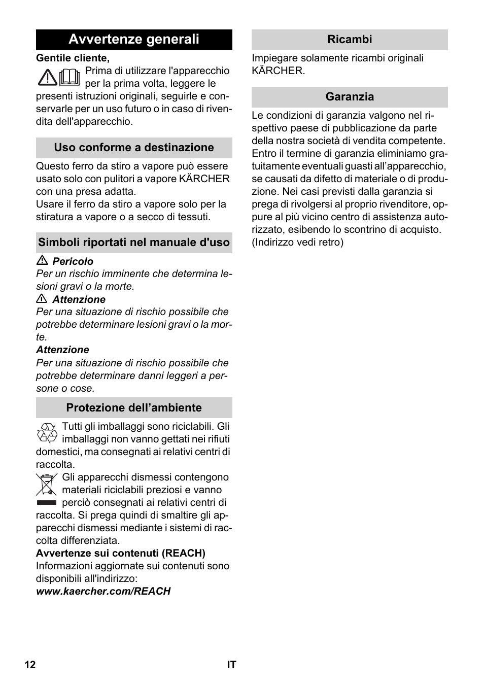 Italiano, Avvertenze generali | Karcher SC 5-800 C EU User Manual | Page 12 / 88