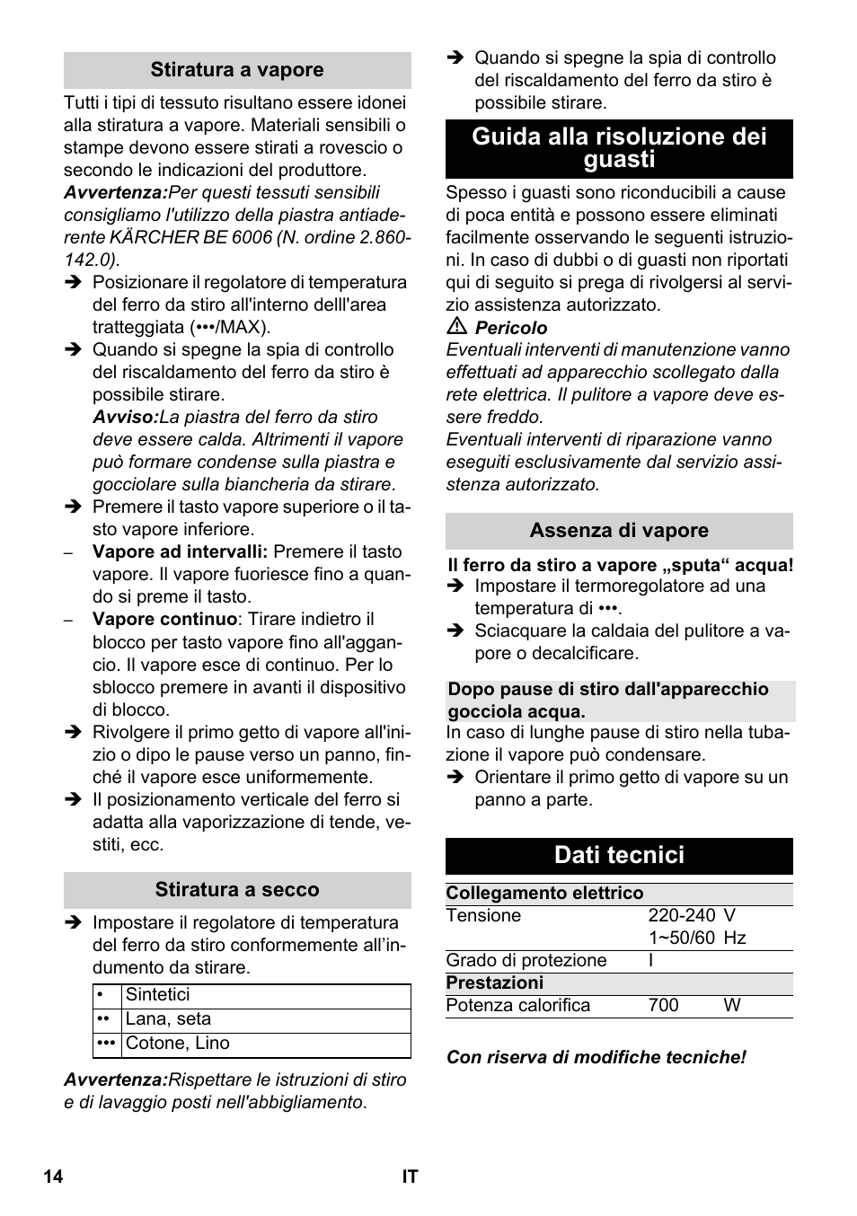 Guida alla risoluzione dei guasti, Dati tecnici | Karcher SC 5-800 C EU User Manual | Page 14 / 88