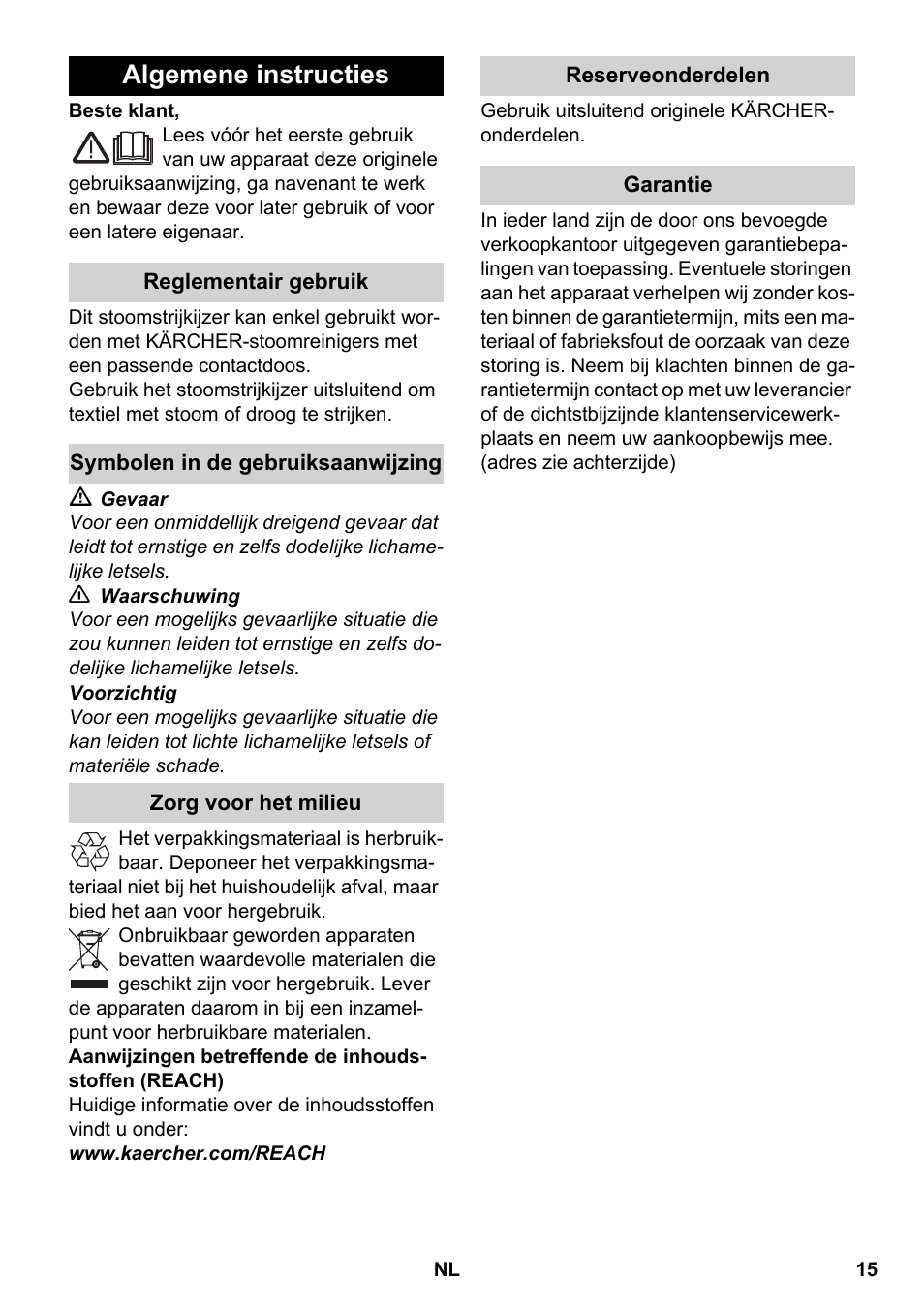 Nederlands, Algemene instructies | Karcher SC 5-800 C EU User Manual | Page 15 / 88