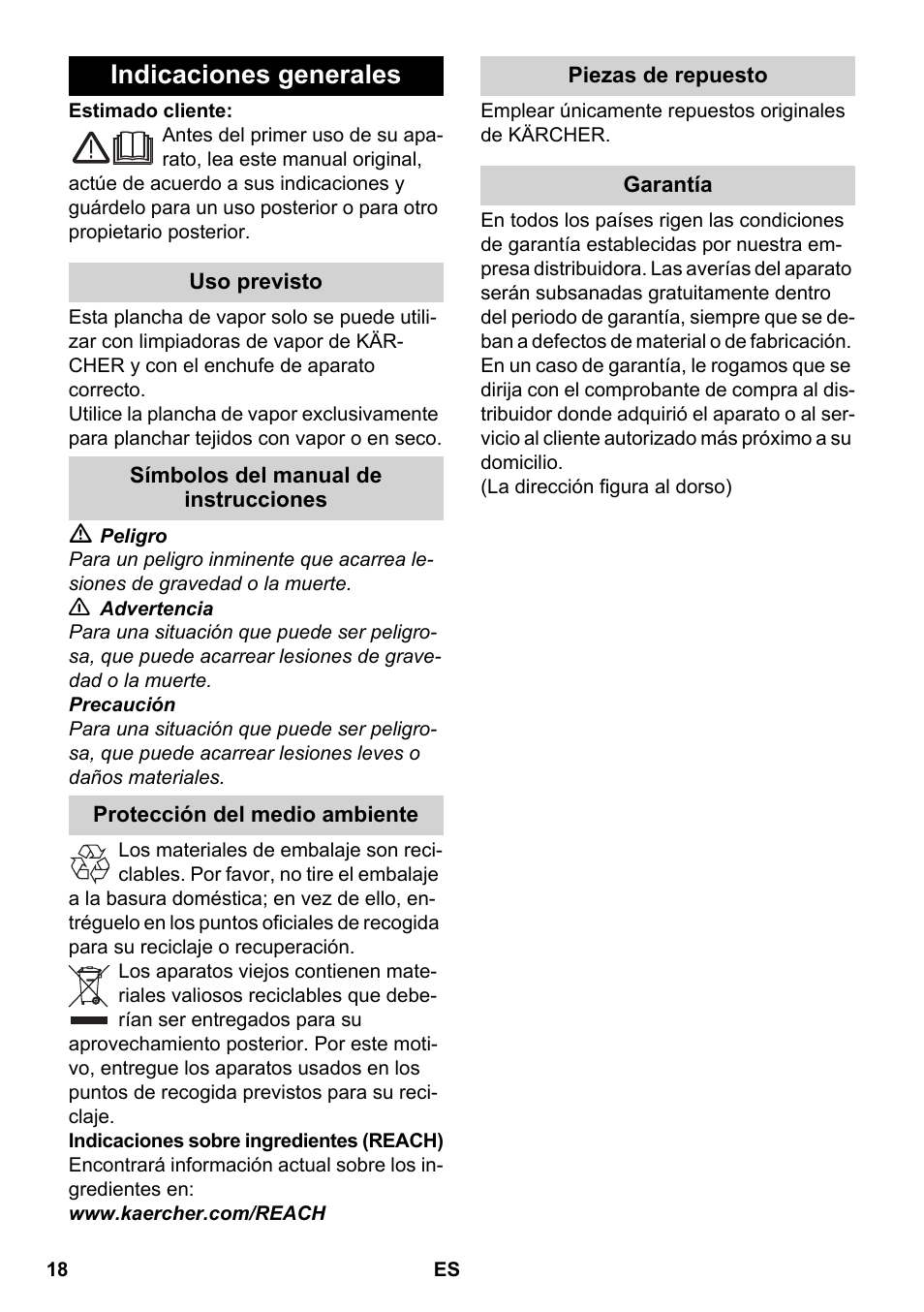 Español, Indicaciones generales | Karcher SC 5-800 C EU User Manual | Page 18 / 88