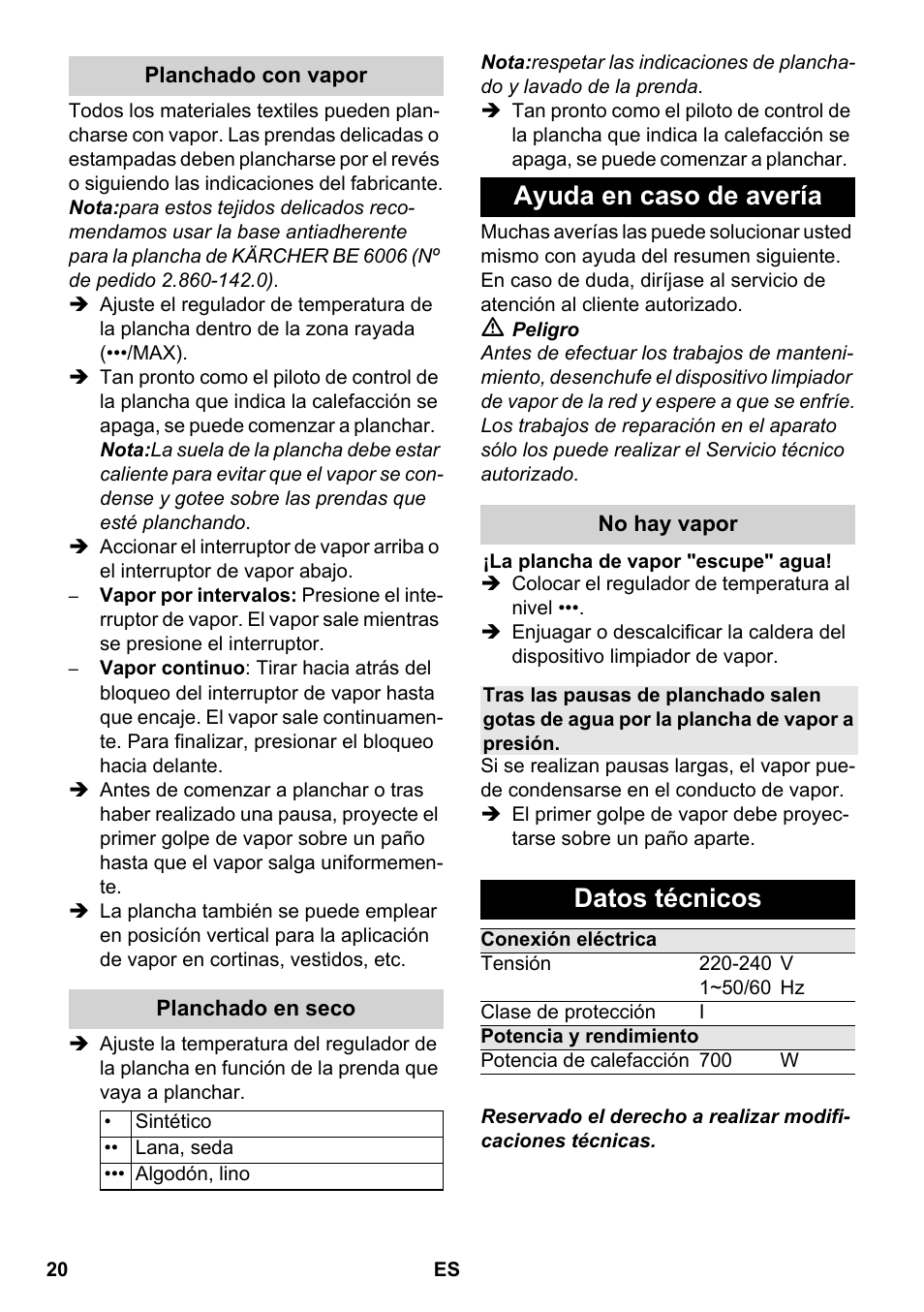 Ayuda en caso de avería, Datos técnicos | Karcher SC 5-800 C EU User Manual | Page 20 / 88