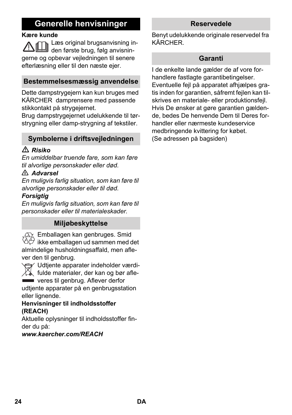 Dansk, Generelle henvisninger | Karcher SC 5-800 C EU User Manual | Page 24 / 88