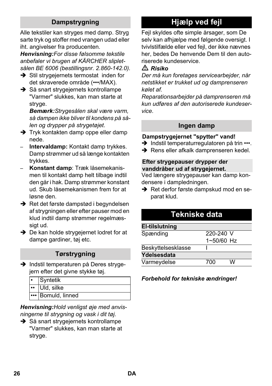 Hjælp ved fejl, Tekniske data | Karcher SC 5-800 C EU User Manual | Page 26 / 88