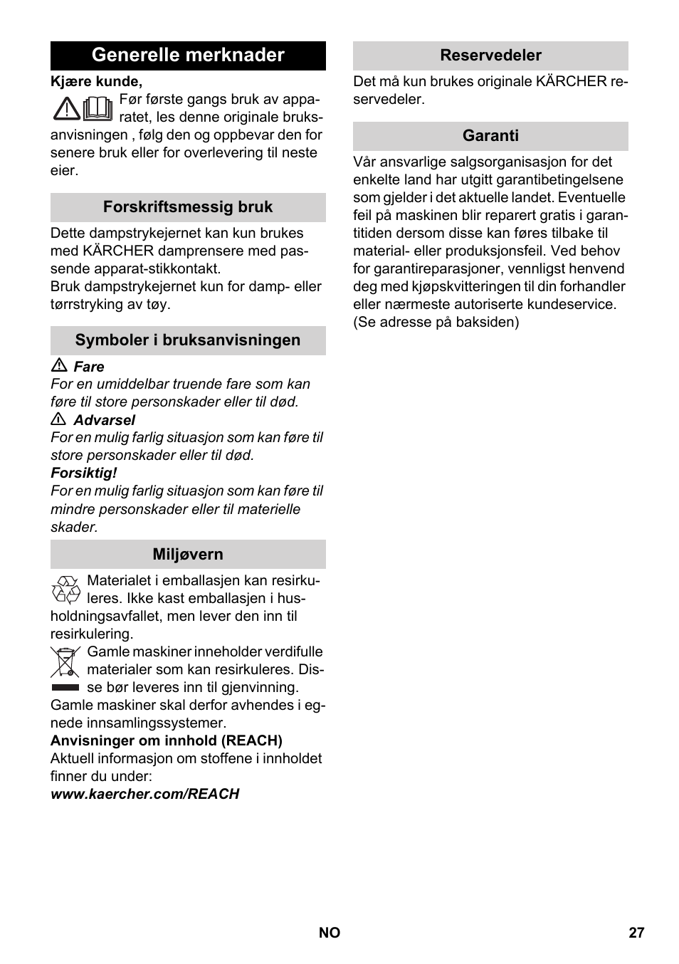 Norsk, Generelle merknader | Karcher SC 5-800 C EU User Manual | Page 27 / 88