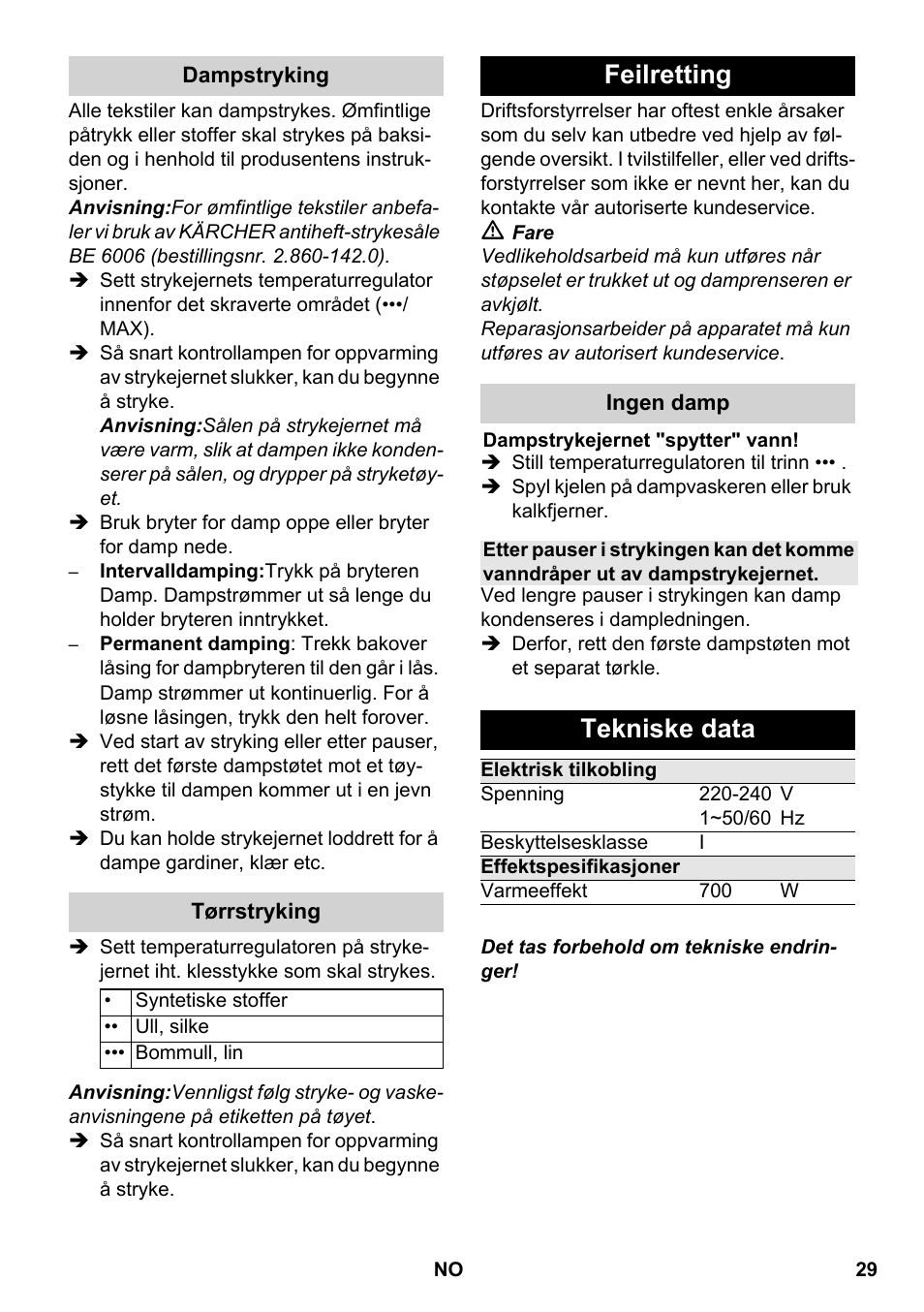 Feilretting, Tekniske data | Karcher SC 5-800 C EU User Manual | Page 29 / 88