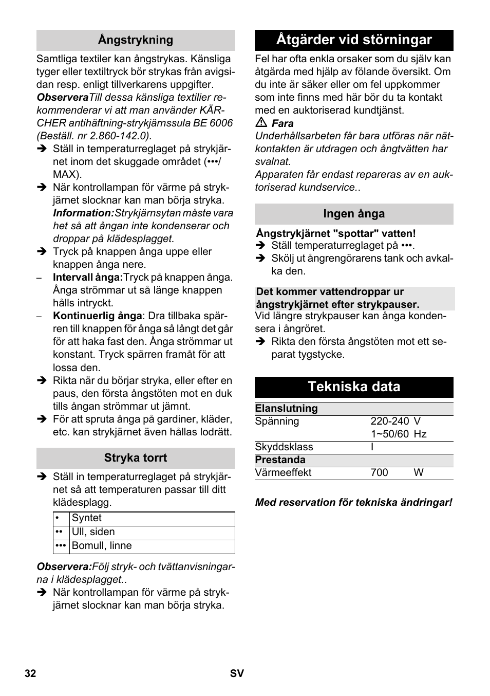 Åtgärder vid störningar, Tekniska data | Karcher SC 5-800 C EU User Manual | Page 32 / 88