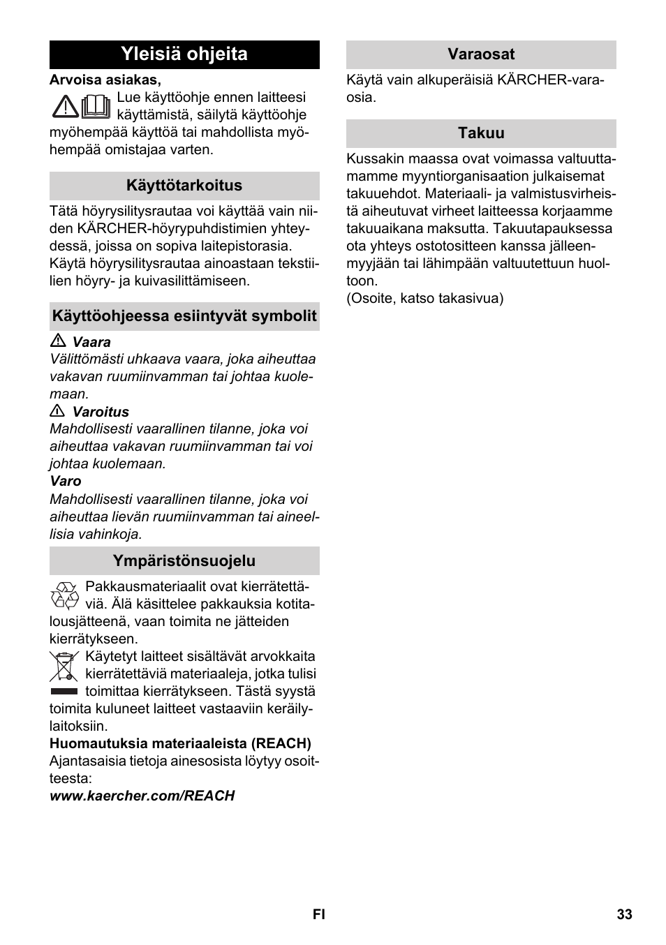Suomi, Yleisiä ohjeita | Karcher SC 5-800 C EU User Manual | Page 33 / 88