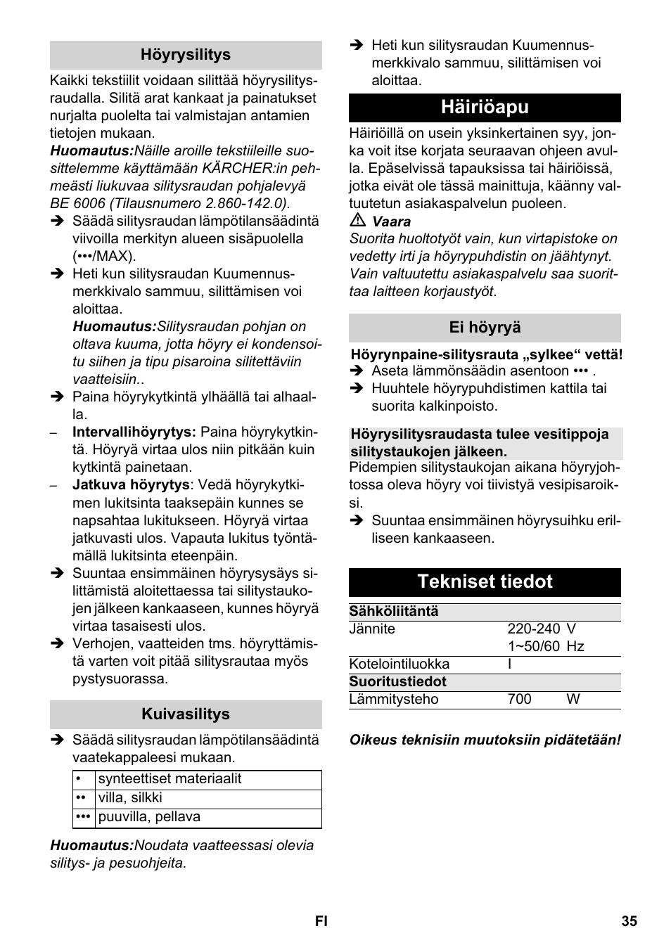 Häiriöapu, Tekniset tiedot | Karcher SC 5-800 C EU User Manual | Page 35 / 88
