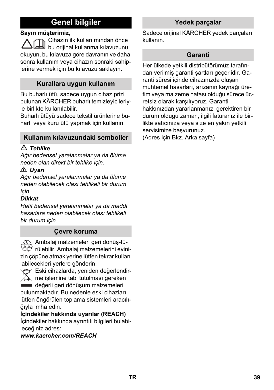 Türkçe, Genel bilgiler | Karcher SC 5-800 C EU User Manual | Page 39 / 88