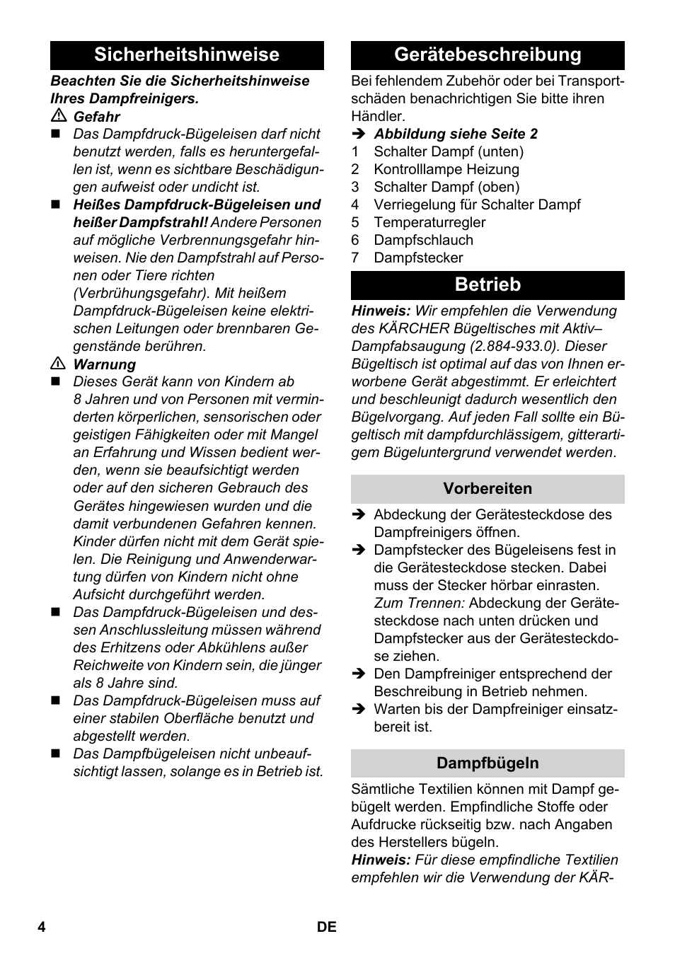 Sicherheitshinweise gerätebeschreibung betrieb | Karcher SC 5-800 C EU User Manual | Page 4 / 88