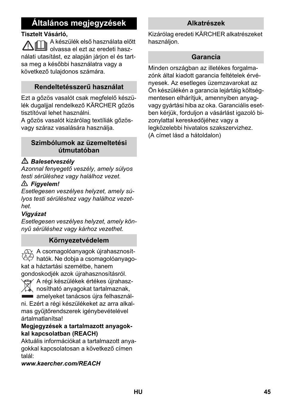 Magyar, Általános megjegyzések | Karcher SC 5-800 C EU User Manual | Page 45 / 88