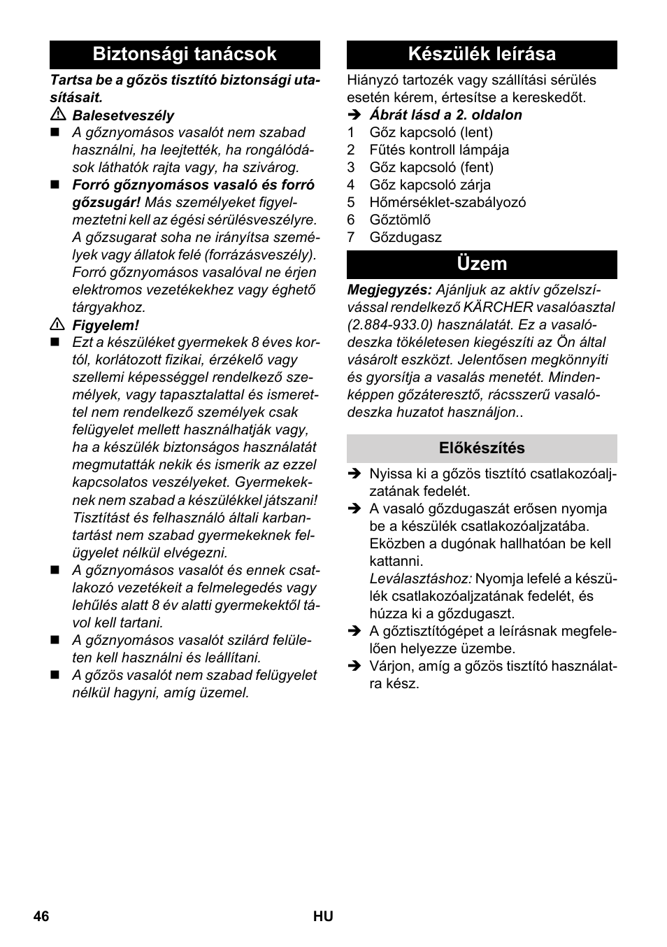 Biztonsági tanácsok készülék leírása üzem | Karcher SC 5-800 C EU User Manual | Page 46 / 88