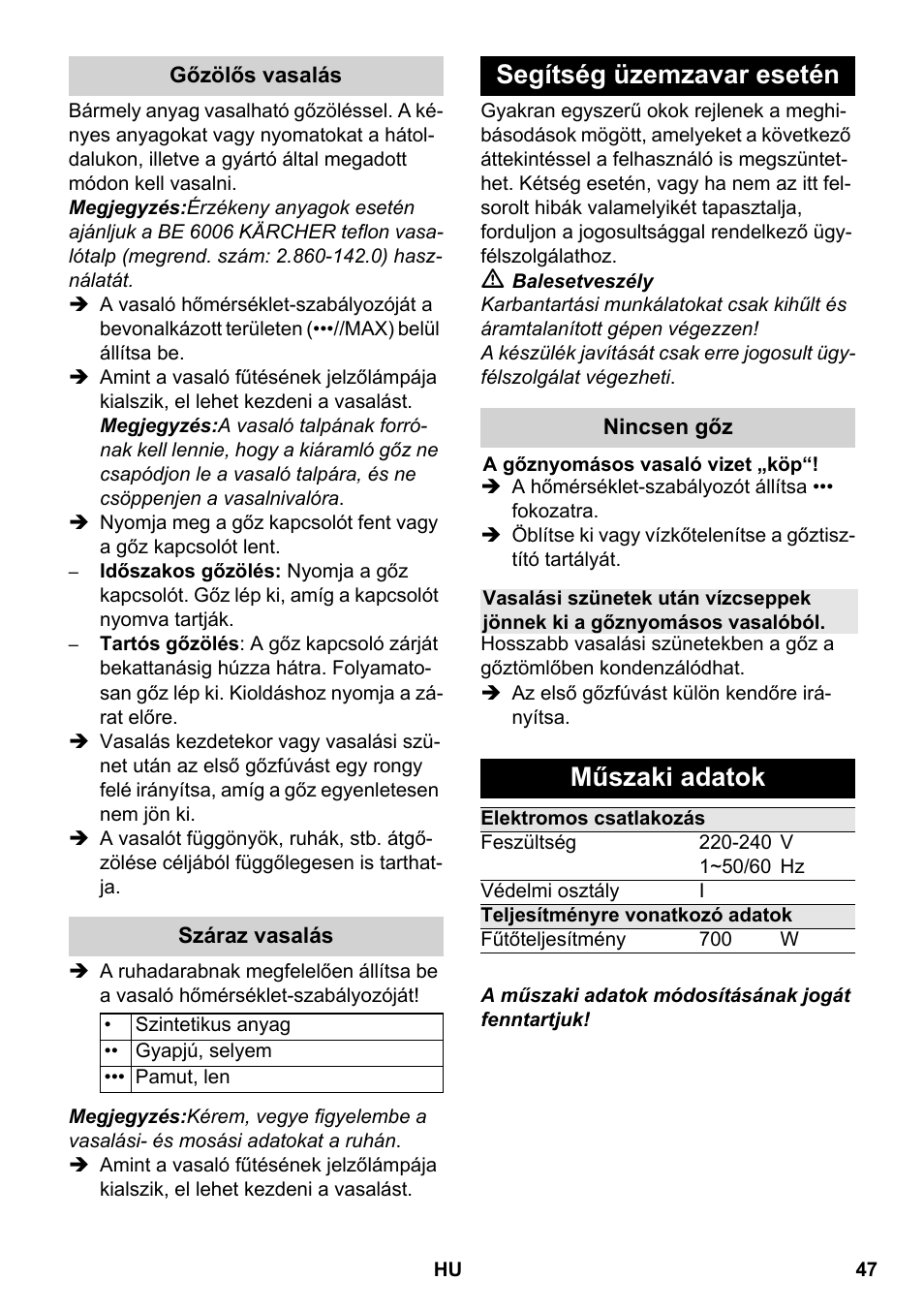 Segítség üzemzavar esetén, Műszaki adatok | Karcher SC 5-800 C EU User Manual | Page 47 / 88