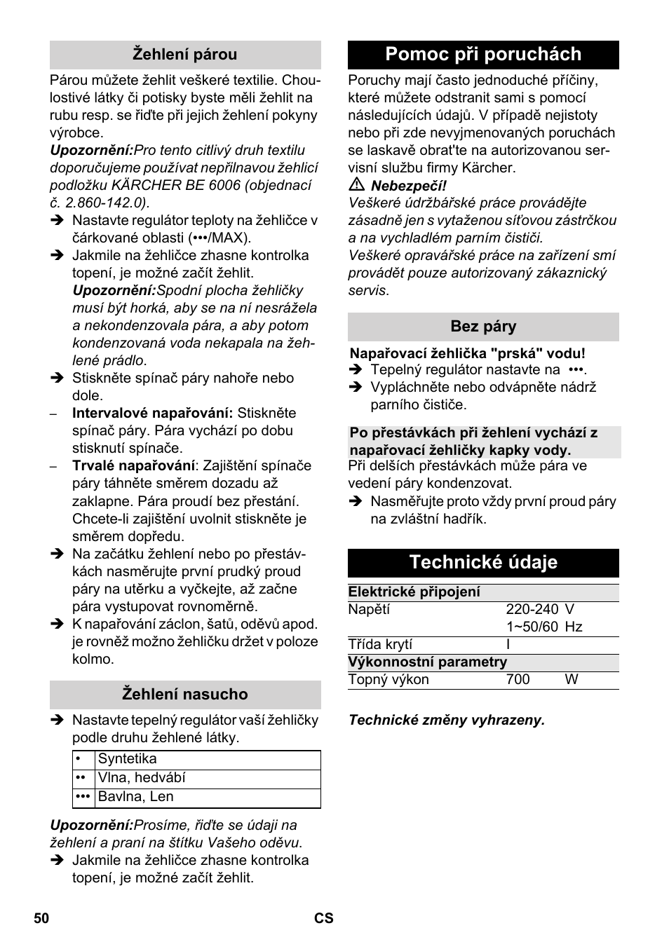 Pomoc při poruchách, Technické údaje | Karcher SC 5-800 C EU User Manual | Page 50 / 88