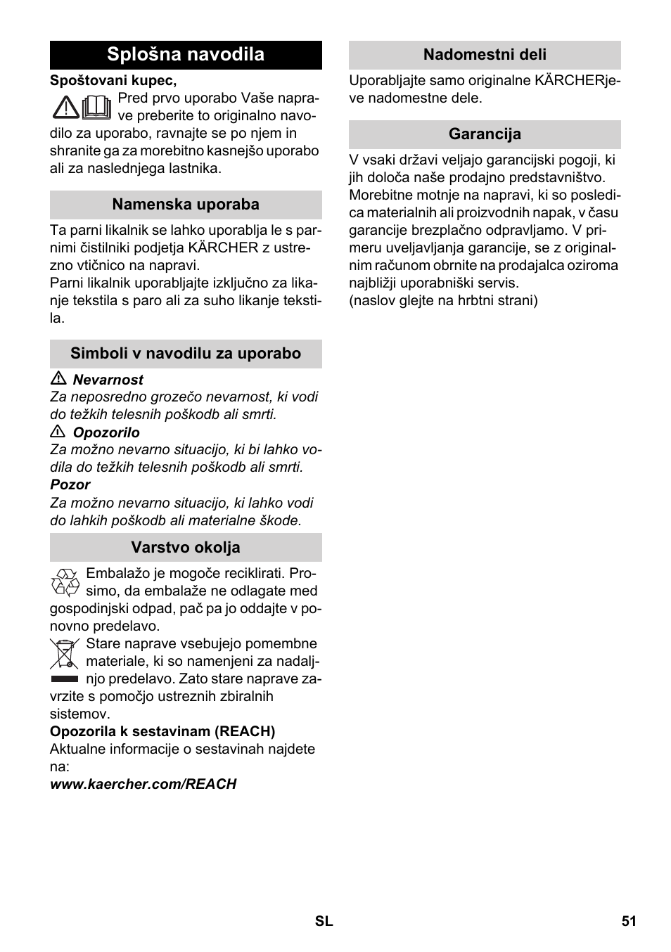 Slovenščina, Slovenšina, Splošna navodila | Karcher SC 5-800 C EU User Manual | Page 51 / 88