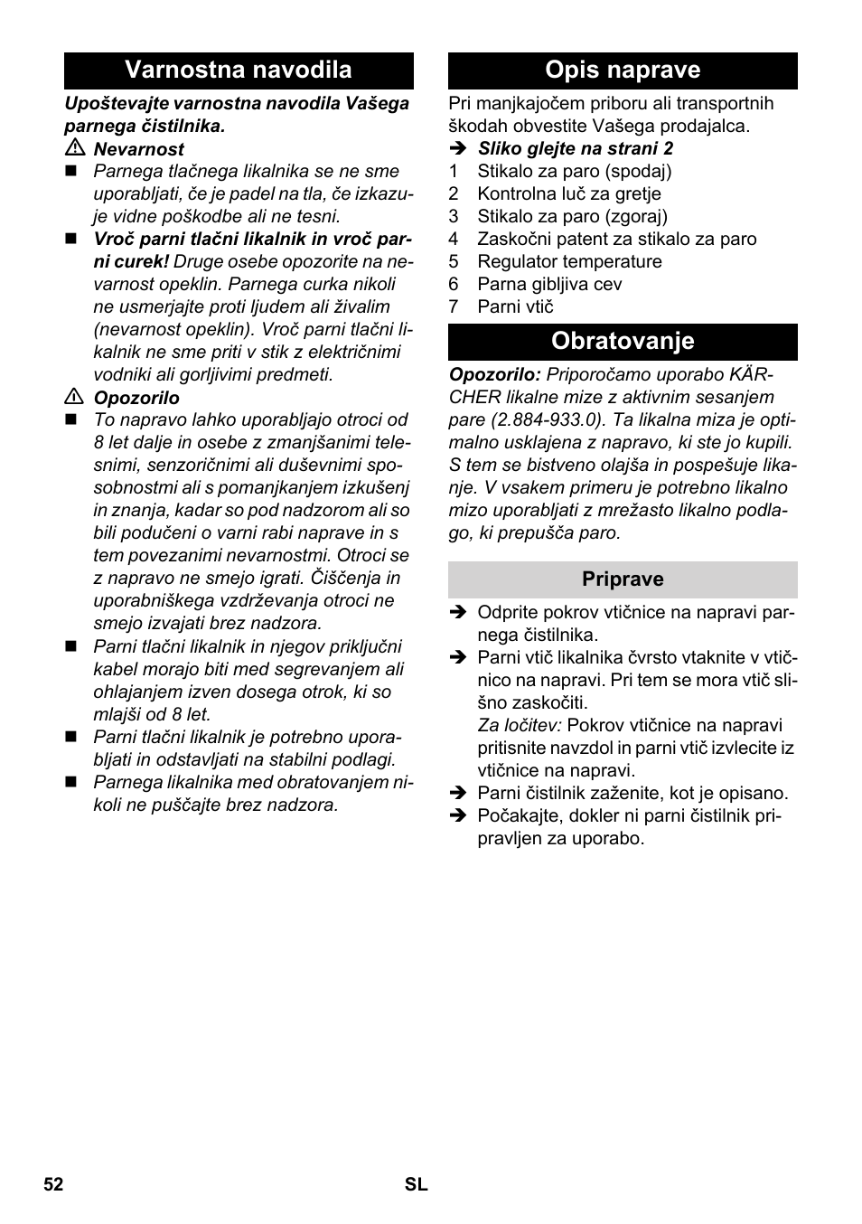 Varnostna navodila opis naprave obratovanje | Karcher SC 5-800 C EU User Manual | Page 52 / 88