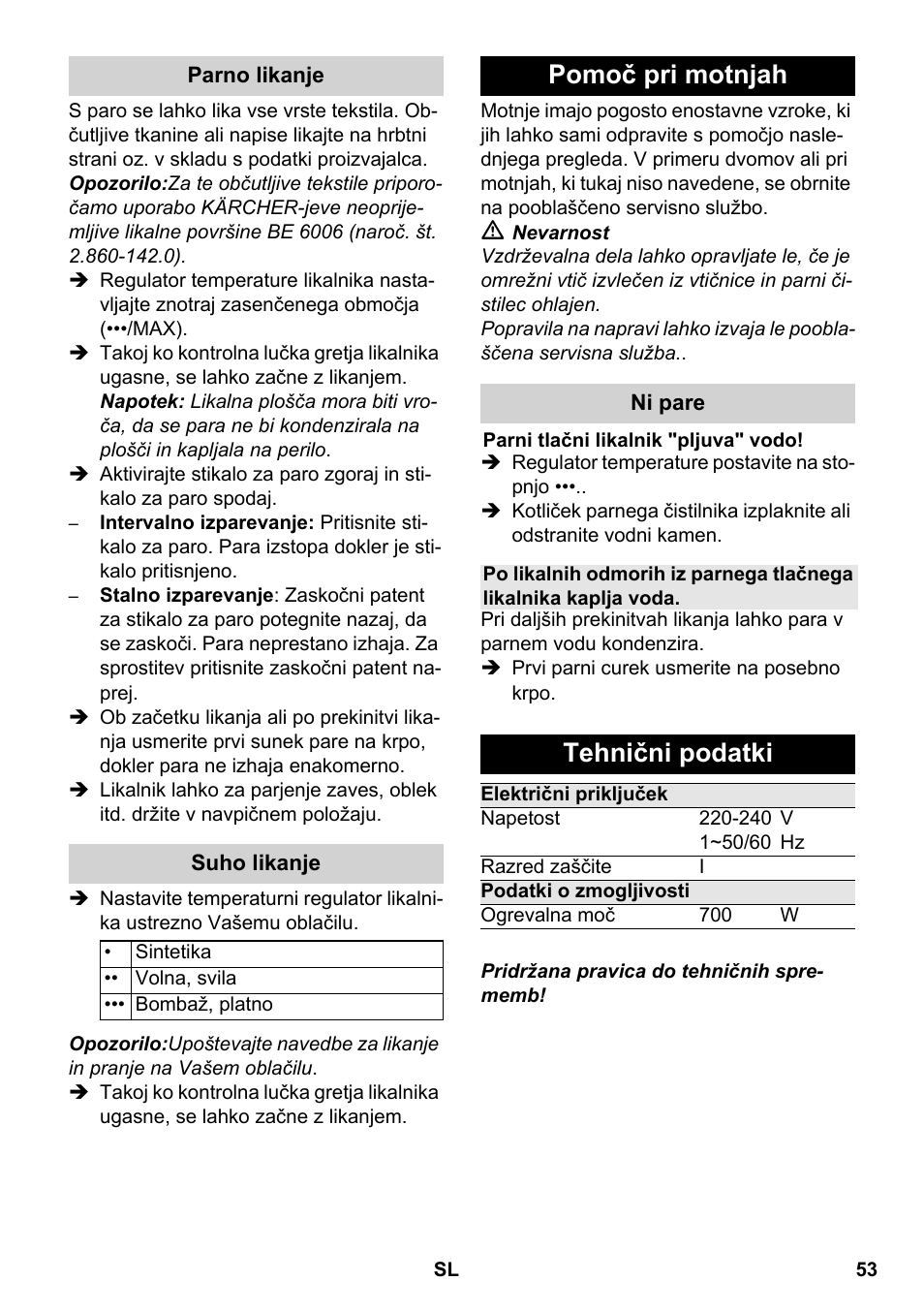 Pomoč pri motnjah, Tehnični podatki | Karcher SC 5-800 C EU User Manual | Page 53 / 88