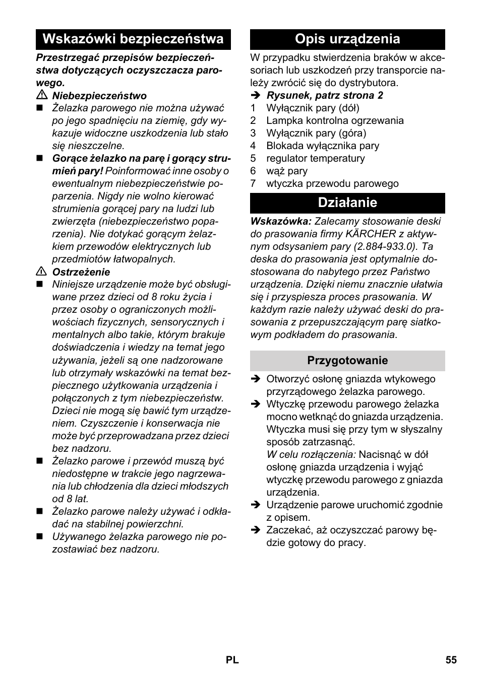 Wskazówki bezpieczeństwa opis urządzenia działanie | Karcher SC 5-800 C EU User Manual | Page 55 / 88