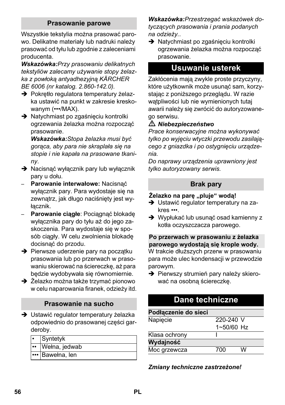 Usuwanie usterek, Dane techniczne | Karcher SC 5-800 C EU User Manual | Page 56 / 88