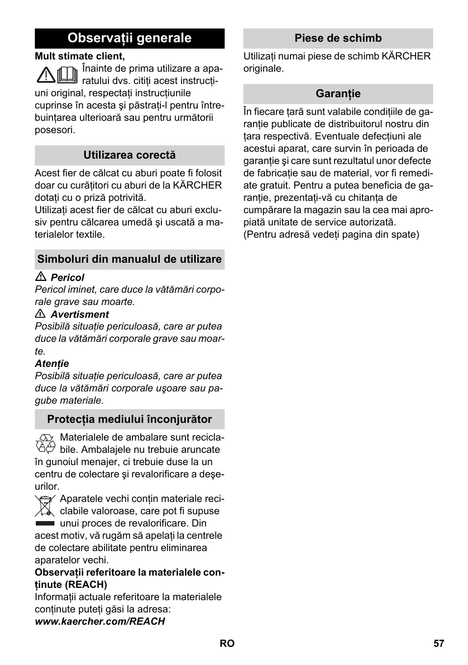 Româneşte, Românete, Observaţii generale | Karcher SC 5-800 C EU User Manual | Page 57 / 88