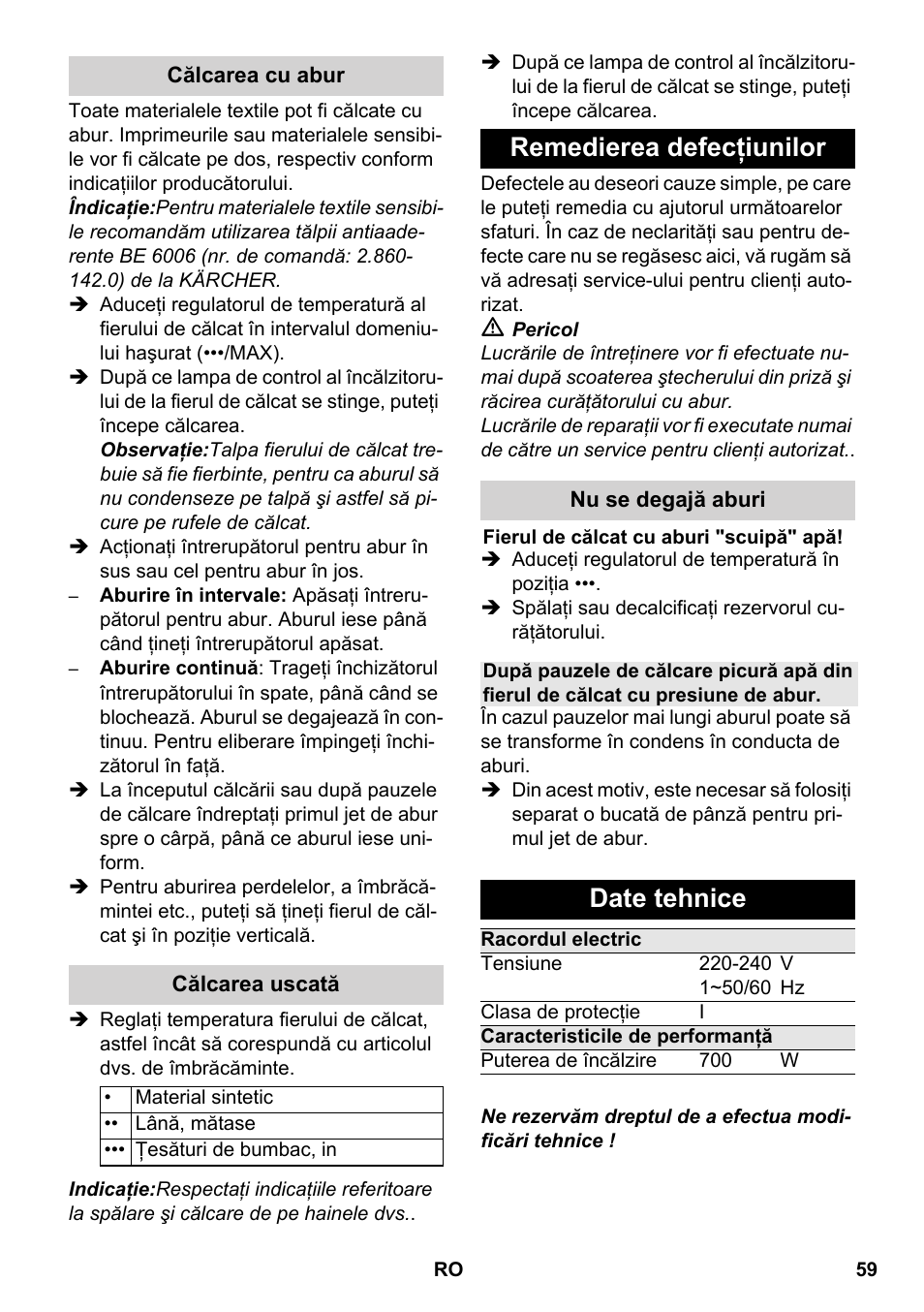 Remedierea defecţiunilor, Date tehnice | Karcher SC 5-800 C EU User Manual | Page 59 / 88