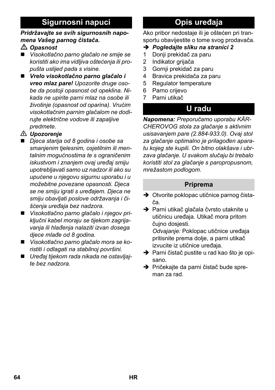 Sigurnosni napuci opis uređaja u radu | Karcher SC 5-800 C EU User Manual | Page 64 / 88