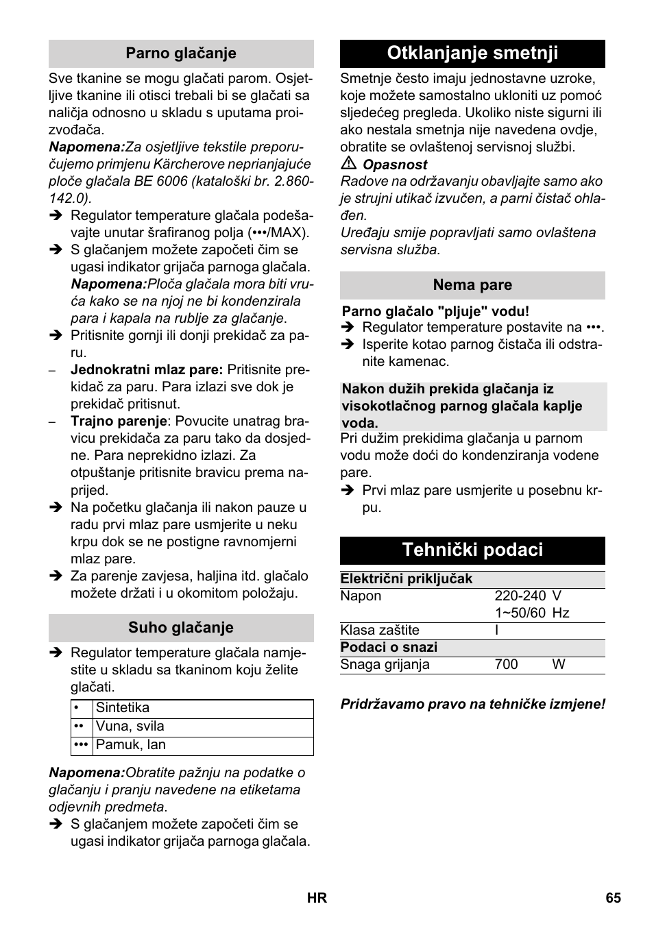 Otklanjanje smetnji, Tehnički podaci | Karcher SC 5-800 C EU User Manual | Page 65 / 88