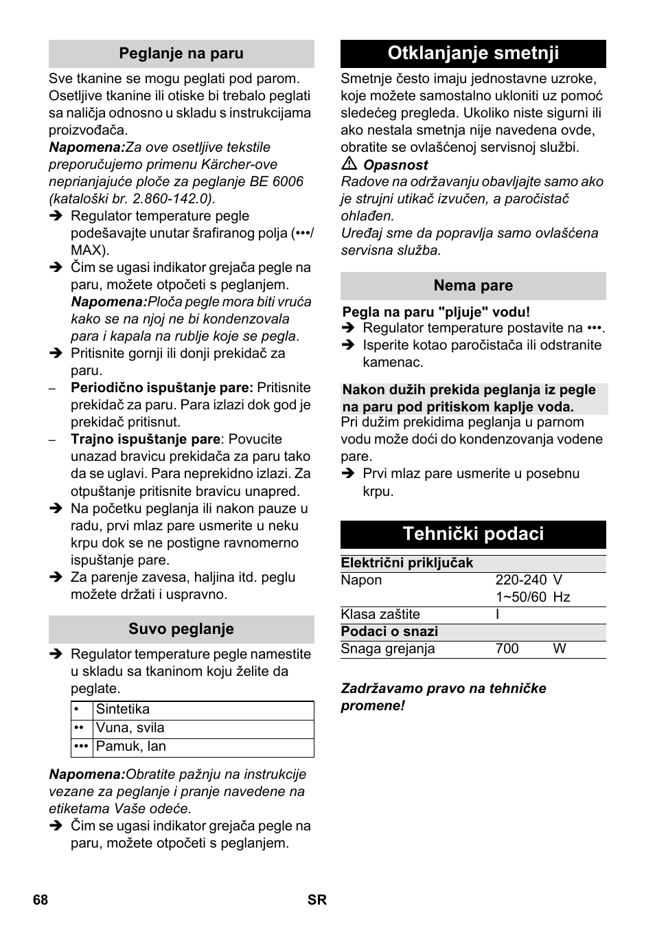 Otklanjanje smetnji, Tehnički podaci | Karcher SC 5-800 C EU User Manual | Page 68 / 88