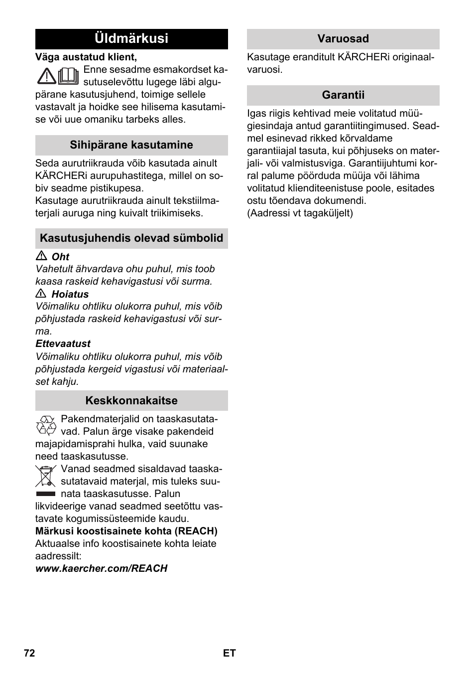 Eesti, Üldmärkusi | Karcher SC 5-800 C EU User Manual | Page 72 / 88