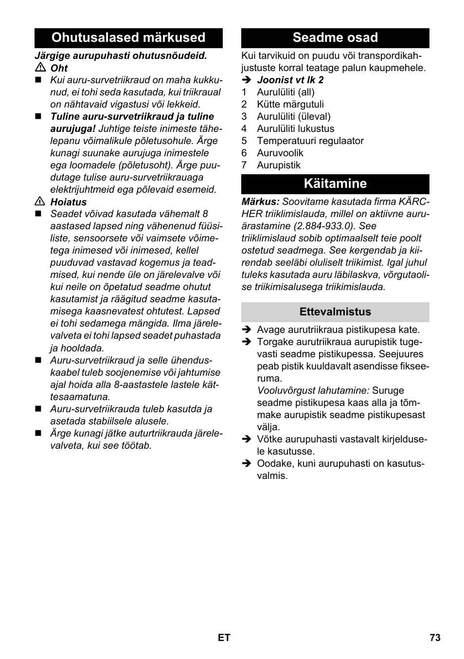 Ohutusalased märkused seadme osad käitamine | Karcher SC 5-800 C EU User Manual | Page 73 / 88