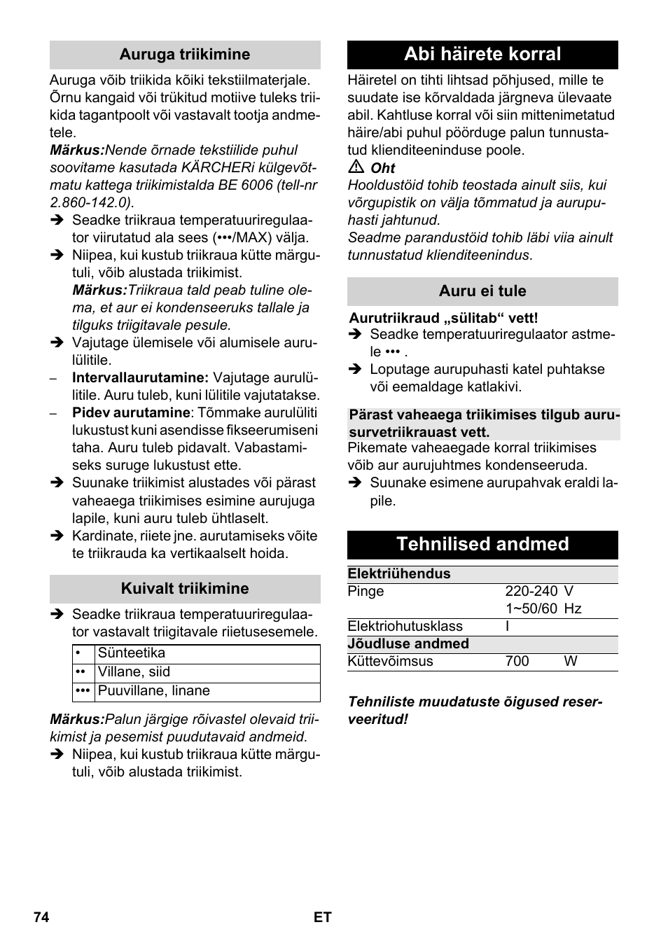 Abi häirete korral, Tehnilised andmed | Karcher SC 5-800 C EU User Manual | Page 74 / 88