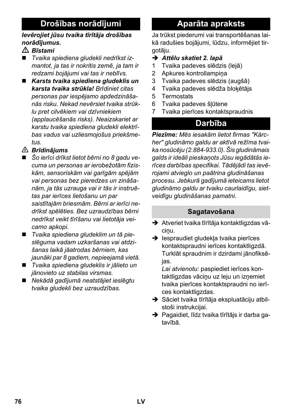 Drošības norādījumi aparāta apraksts darbība | Karcher SC 5-800 C EU User Manual | Page 76 / 88
