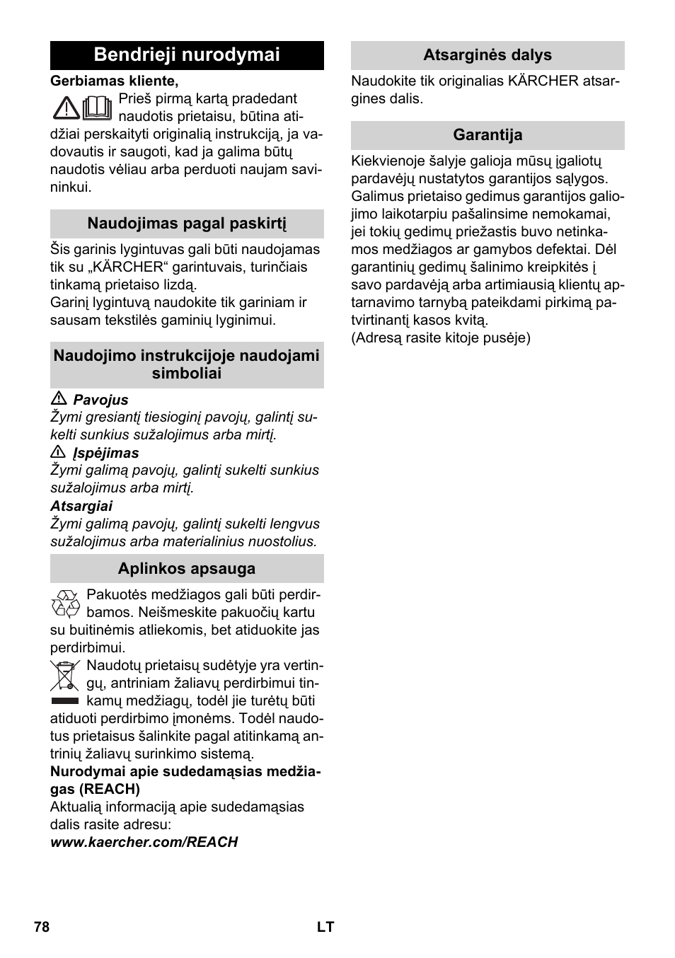 Lietuviškai, Bendrieji nurodymai | Karcher SC 5-800 C EU User Manual | Page 78 / 88