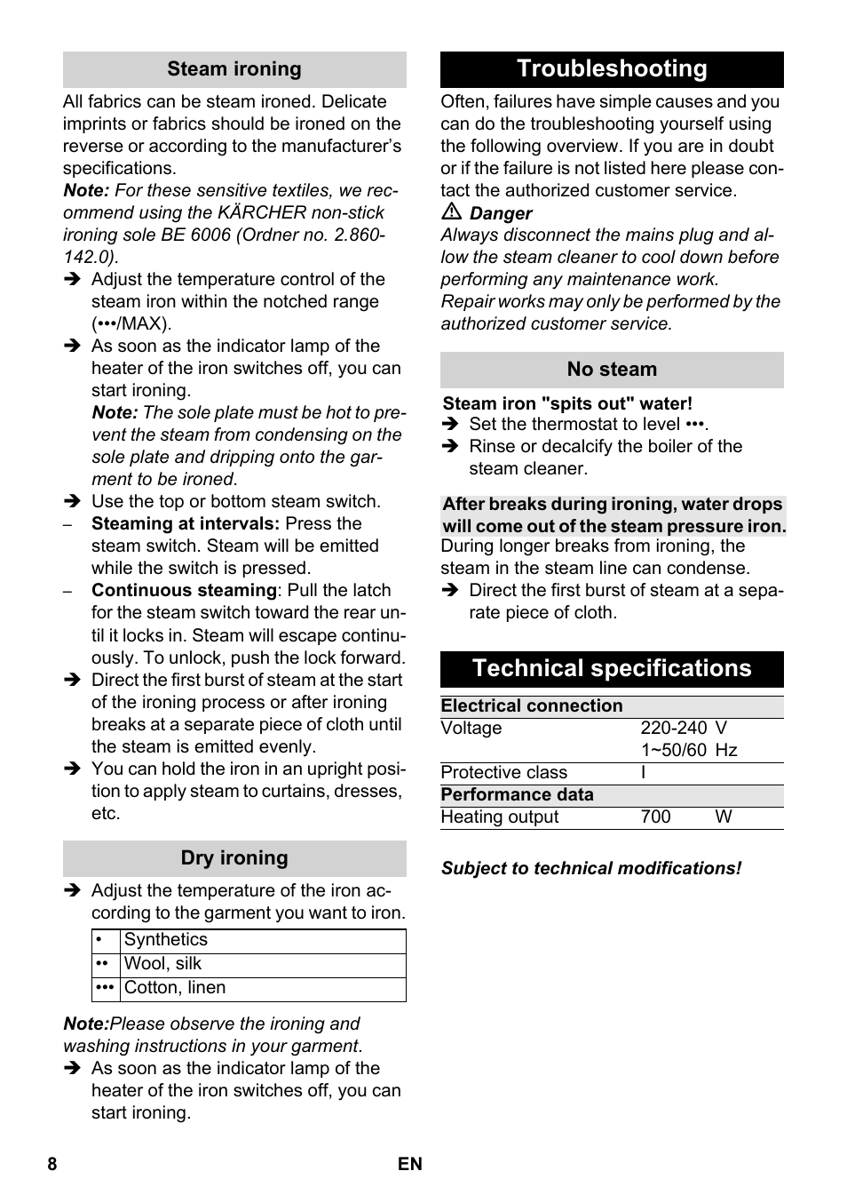 Troubleshooting, Technical specifications | Karcher SC 5-800 C EU User Manual | Page 8 / 88