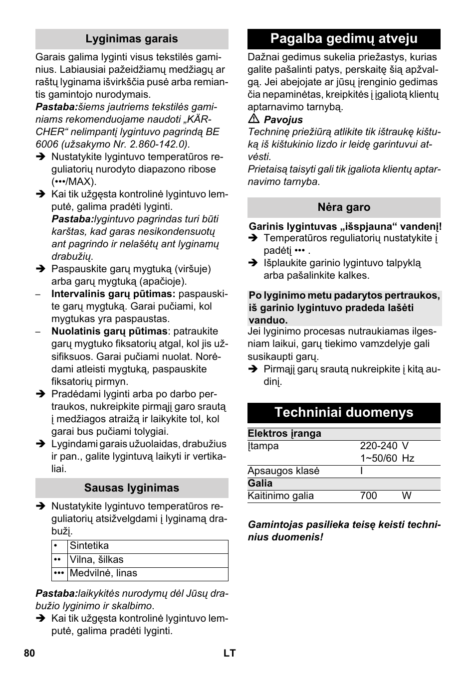 Pagalba gedimų atveju, Techniniai duomenys | Karcher SC 5-800 C EU User Manual | Page 80 / 88